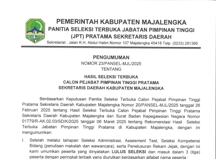 Hasil Seleksi Calon Sekda Majalengka Bocor ke Publik Hasil Seleksi Calon Sekda Majalengka Bocor ke Publik