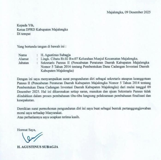 Sekretaris Pansus Pencabutan Perda Investasi Majalengka Mundur